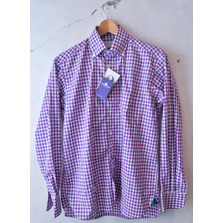 JAMES MORTIMER Thomas Mason ギンガムチェック ボタンダウンシャツパープル&times;ホワイト画像