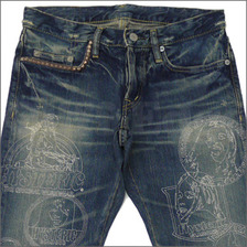 HYSTERIC GLAMOUR SP加工COLLAGE刺繍デニムスリムストレートパンツ INDIGO画像