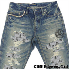 HYSTERIC GLAMOUR  x mastermind JAPAN SKULL PATAERN pt ストレートデニムパンツ INDIGO画像