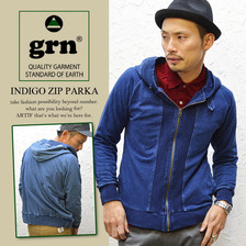 grn インディゴ裏毛リブ使い長袖ジップアップパーカー GRN113171E画像