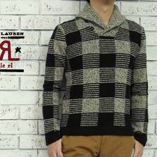 RRL ショールカラー ブロックチェック ウール セーター画像