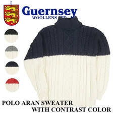 GUERNSEY WOOLLENS POLO ARAN SWEATER WITH CONTRAST COLOR F14G-04画像