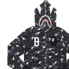 A BATHING APE &times; BLACK SCALE CAMO SHARK FULL ZIP HOODIE BLACK画像