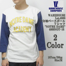 WAREHOUSE Lot 4800 7分袖ベースボールT NOTREDAME画像
