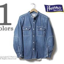 Pherrow's 16W-770NC ノーカラー ラウンドヨーク デニムシャツ画像