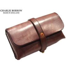 CHARLIE BORROW OAK BARK TANNED LEATHER &times; HAND STITCH TRAVEL POUCH/MADE IN ENGLAND/dark stain CB019画像