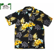 TWO PALMS FERN HIBISCUS RAYON HAWAIIAN SHIRTS black画像