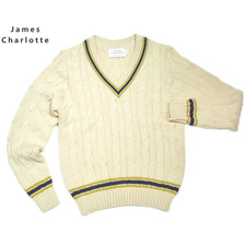 JAMES CHARLOTTE 3306 CRICKET CABLE VEE PULLOVER blanco x citron x azul画像