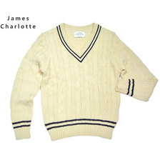 JAMES CHARLOTTE 3306 CRICKET CABLE VEE PULLOVER blanco x azul x blanco画像
