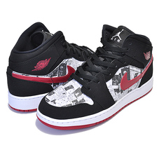 NIKE AIR JORDAN 1 MID SE (GS) NEWSPAPER AIR TIMES black/gym red-white BQ6931-061画像