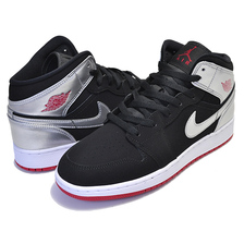 NIKE AIR JORDAN 1 MID (GS) black/gym red-metallic silver 554725-057画像