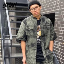 LEFLAH TIE-DYE NOCOLLAR SHORT SHIRT -KHAKI-画像