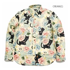 衣櫻 Lot.SA-1375 シーチング素材 長袖レギュラーシャツ "黒猫牡丹" SA1375画像