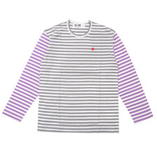 PLAY COMME des GARCONS MENS Small Red Heart Striped L/S T-Shirt GRAYxPURPLE画像