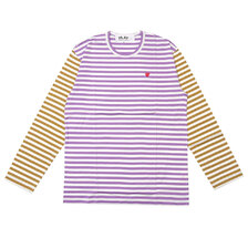 PLAY COMME des GARCONS MENS Small Red Heart Striped L/S T-Shirt PURPLExOLIVE画像
