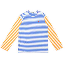PLAY COMME des GARCONS MENS Small Red Heart Striped L/S T-Shirt BLUExYELLOW画像