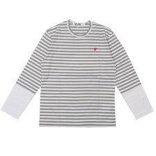 PLAY COMME des GARCONS MENS Small Red Heart Striped L/S T-Shirt GRAYxWHITE画像