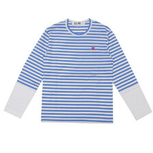 PLAY COMME des GARCONS MENS Small Red Heart Striped L/S T-Shirt BLUExWHITE画像