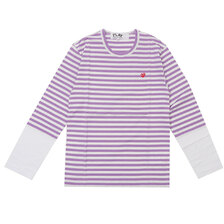 PLAY COMME des GARCONS MENS Small Red Heart Striped L/S T-Shirt PURPLExWHITE画像