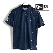 NEW ERA 半袖 鹿の子 ポロシャツ ニューヨーク・ヤンキース オールオーバーロゴ ネイビー 13061587画像