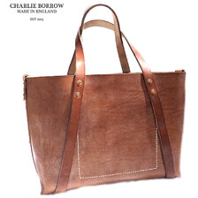 CHARLIE BORROW OAK BARK TANNED BRIDLE LEATHER HAND STITCH WHOLE CUT MEDIUM TOTE MADE IN ENGLAND dark stain CB033画像