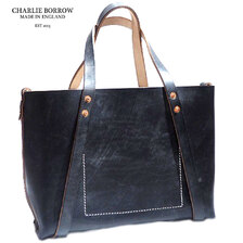 CHARLIE BORROW OAK BARK TANNED BRIDLE LEATHER HAND STITCH WHOLE CUT MEDIUM TOTE MADE IN ENGLAND black CB033画像