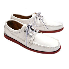 QUODDY #501475 BLUCHER MOCCASIN White Grained Leather with Brick Camp Sole画像