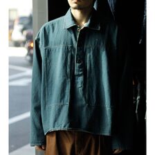 INTERIM AGED GARMENT WASH BLUE SHUTTLE DENIM HYPER BIG SINGLE NEEDLE US ARMY PULLOVER JACKET IT26S083画像