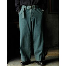 INTERIM AGED GARMENT WASH BLUE SHUTTLE DENIM BELTED FRENCH ARMY MIL BAGGY TROUSER IT26S103画像