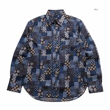 衣櫻 ムラ糸クロス素材 古布調 長袖レギュラーシャツ - 大島調パッチワークパターン - SA1783画像